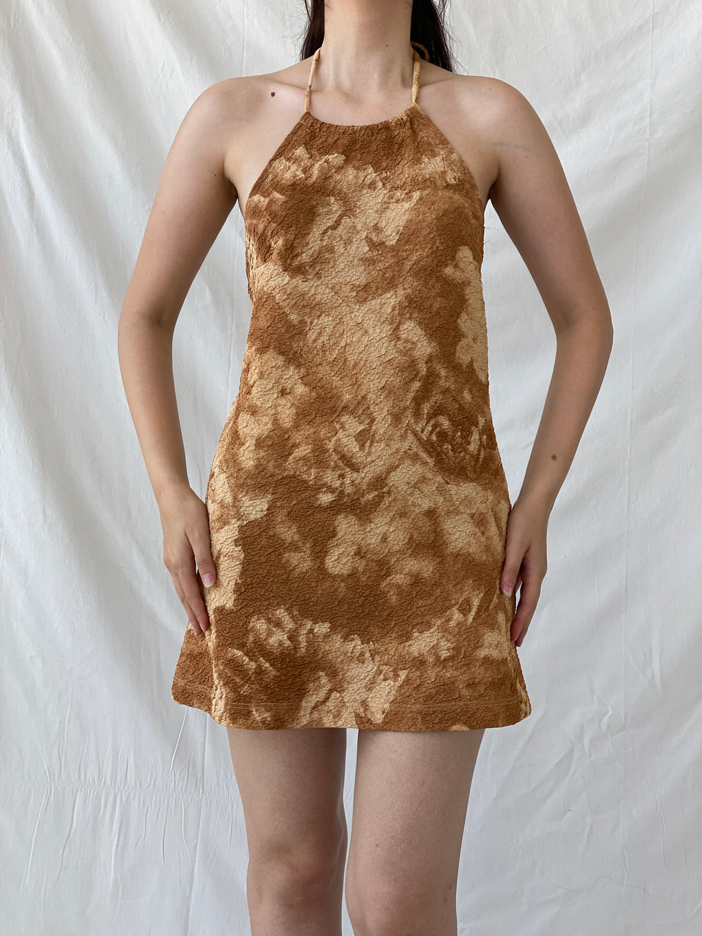 Vintage NICONETTI by Nina’s Fashion Brown Tie-dye Mini Textured Halter Dress - M