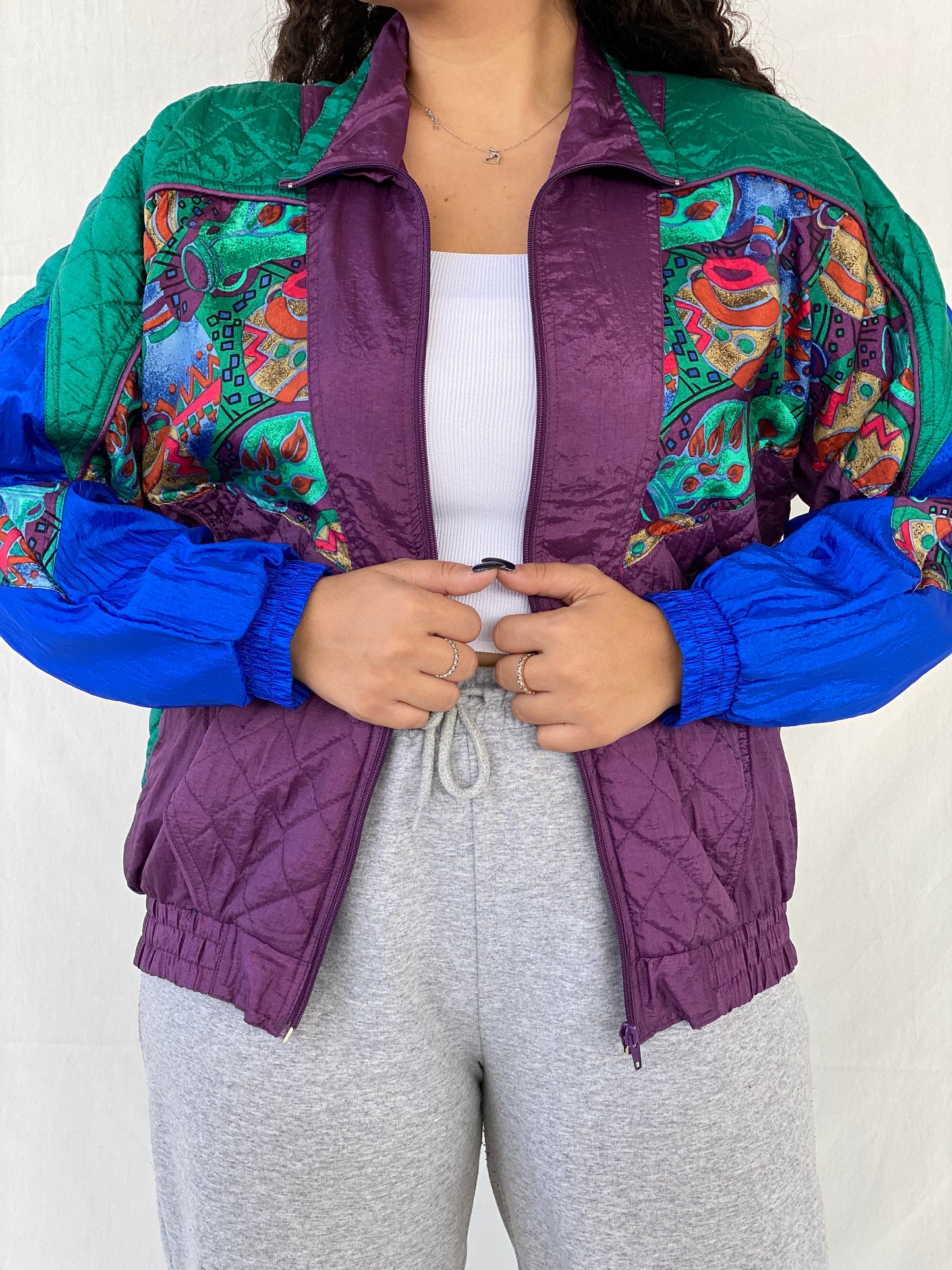 Vintage 80s/90s Active Studio by Div Rousso Quilted Green & Purple Track Windbreaker Jacket - M