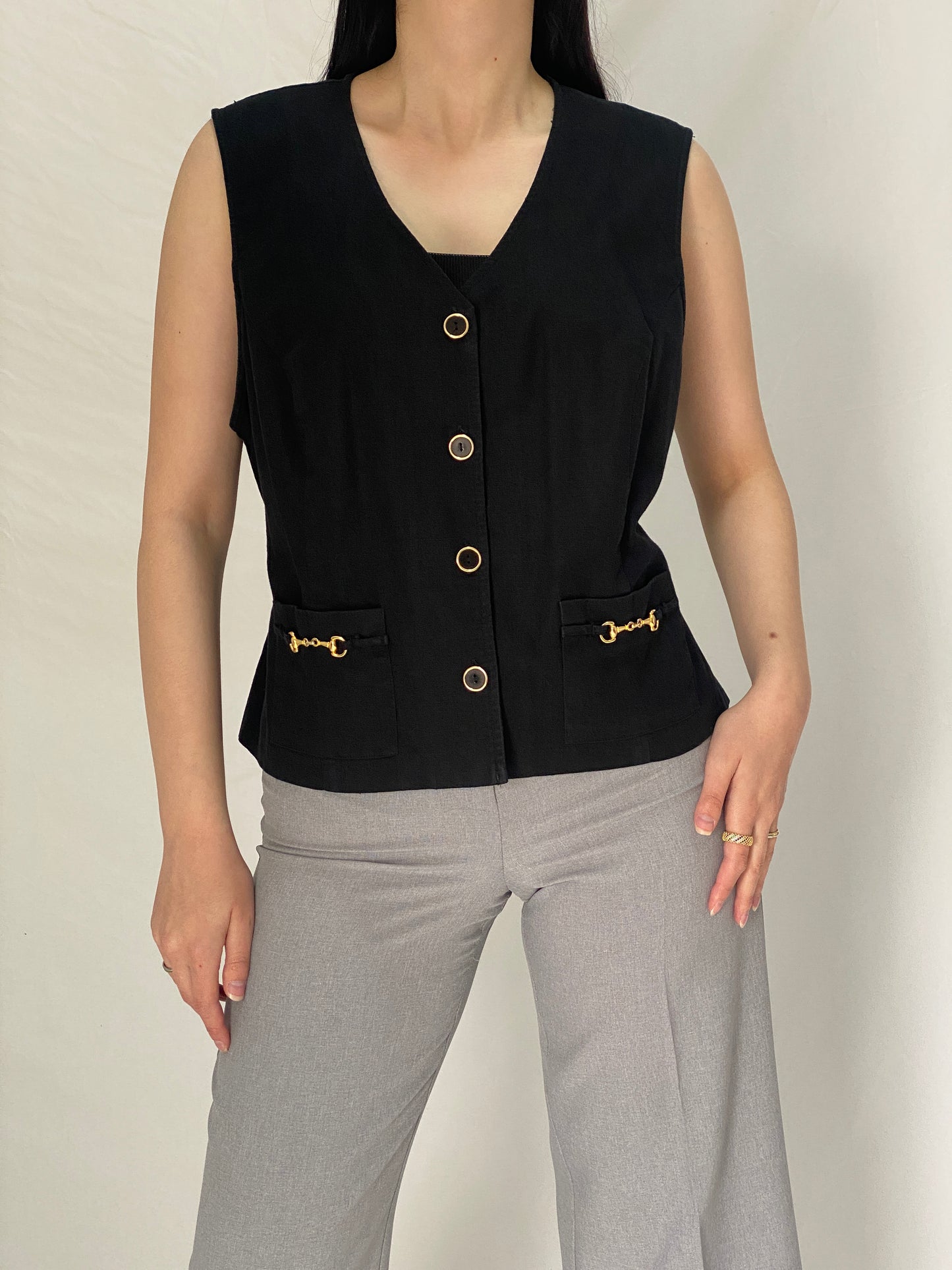 Vintage 1990s Robbie Bee Black Cotton Linen Blend Vest Gold Hardware Detail - XL