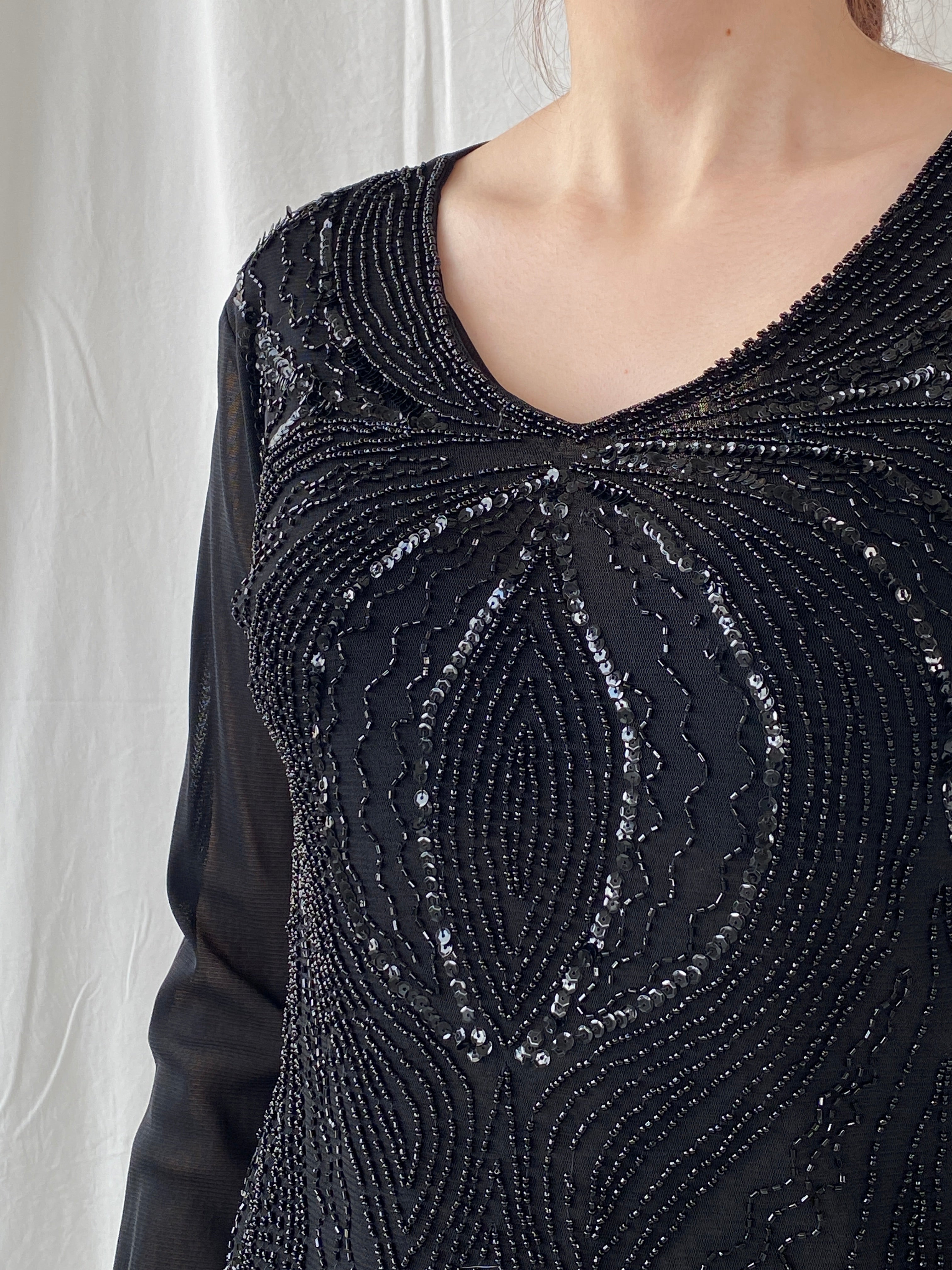 Y2K Black Sequin Chiffon Semi Sheer Dressy Black Women’s Top - M