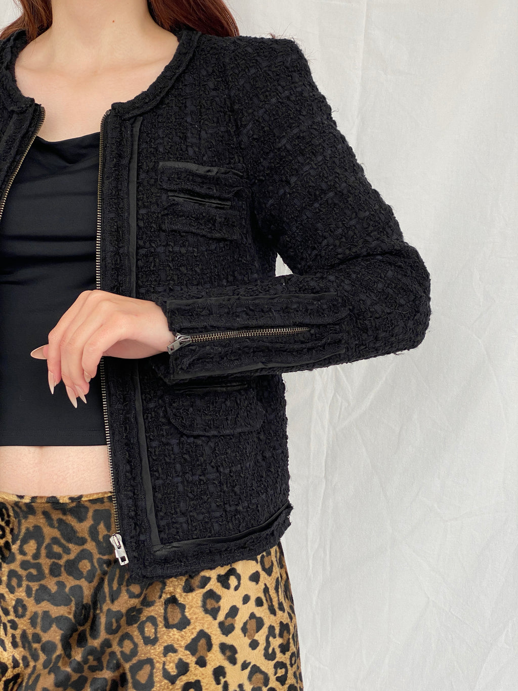 MAJE Black Quilted Tweed Zip up Aznavour Wool Blend Blazer - M