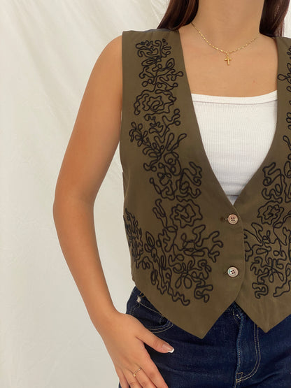 Vintage 90s Banana Republic Olive Embroidered Rayon Vest – L