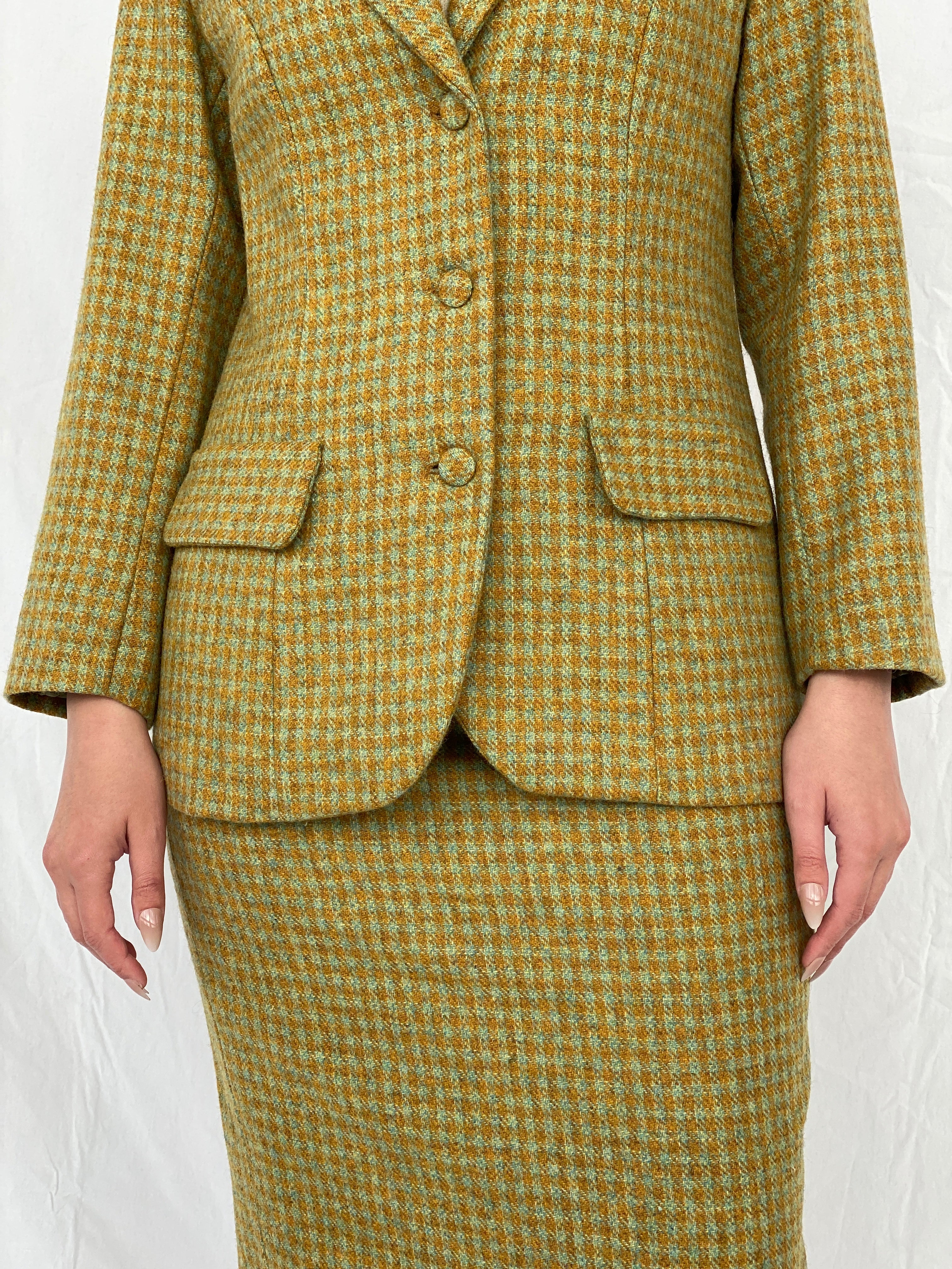 Vintage Handmade Checkered Yellow & Green Wool Blend Blazer Skirt Set - M