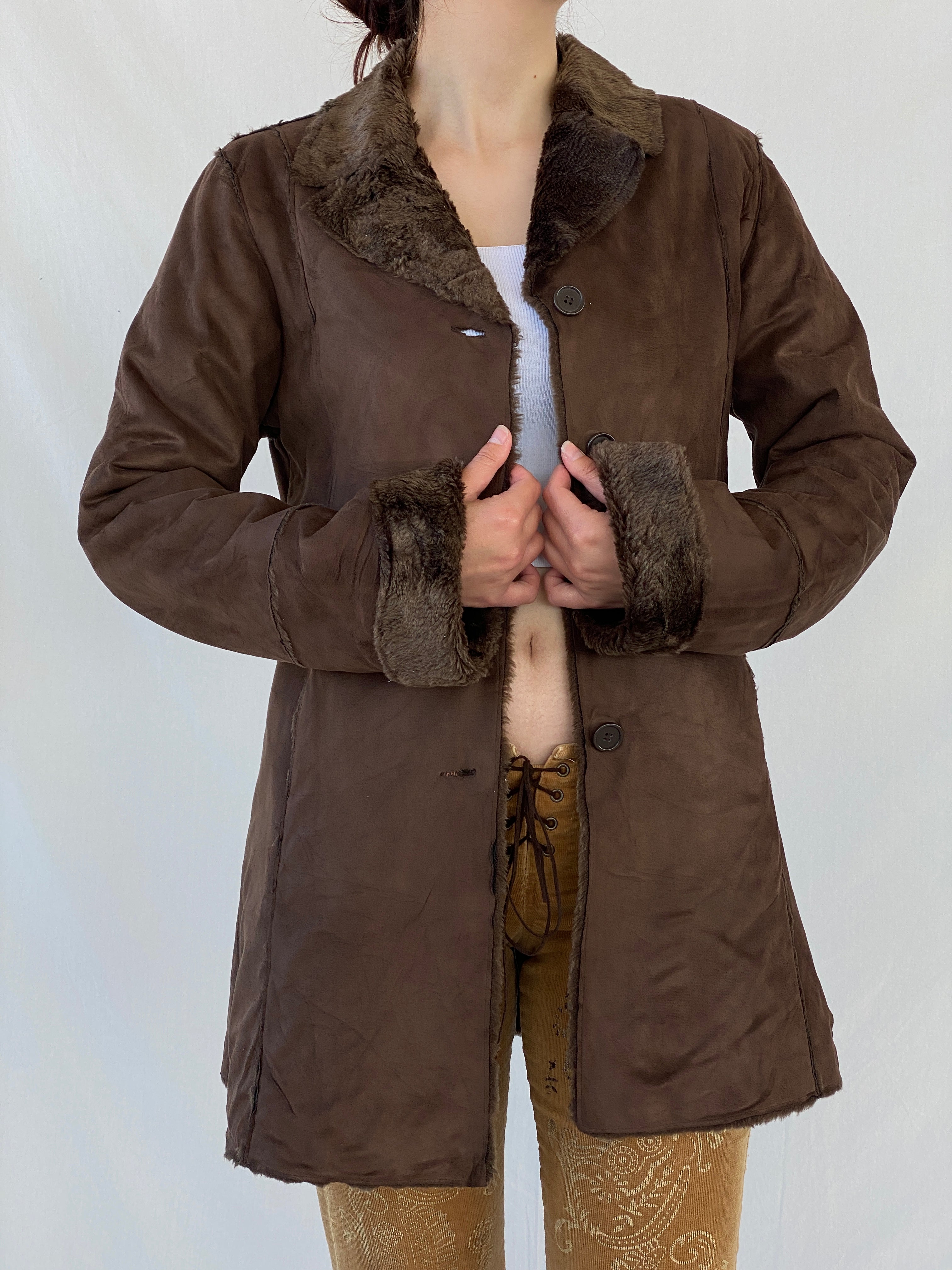 Y2K GINA BENOTTI Penny Lane Brown Afghan Style Fur-lined Coat - S