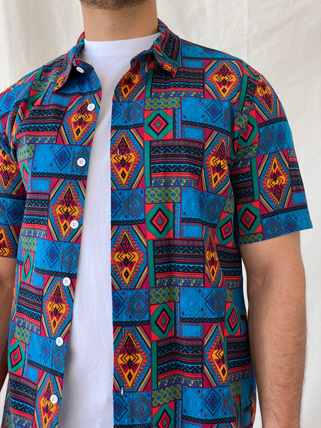 Vintage Aztec Tribal Blue Multi-Color Men’s Short Sleeve Shirt - L