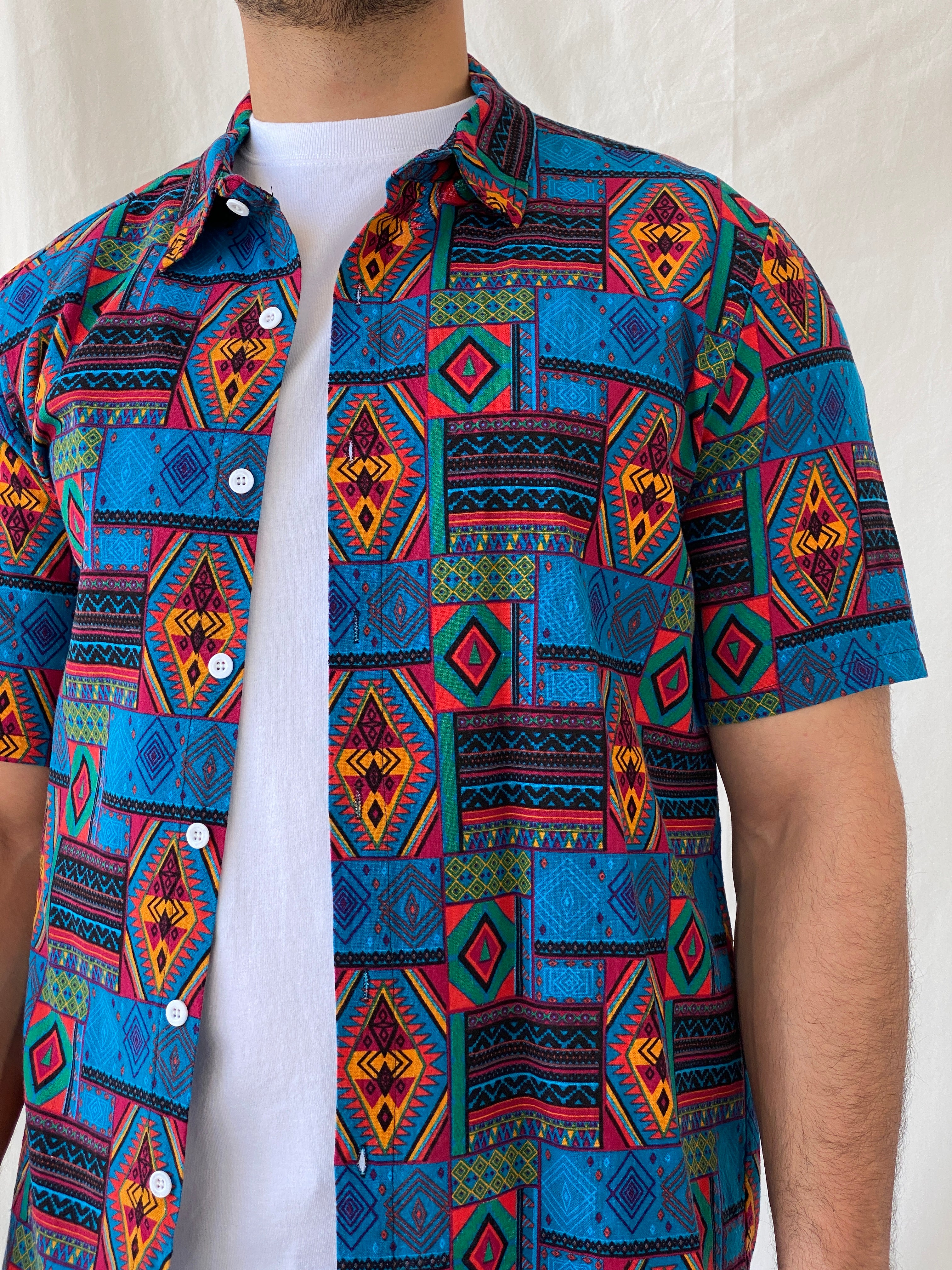 Vintage Aztec Tribal Blue Multi-Color Men’s Short Sleeve Shirt - L