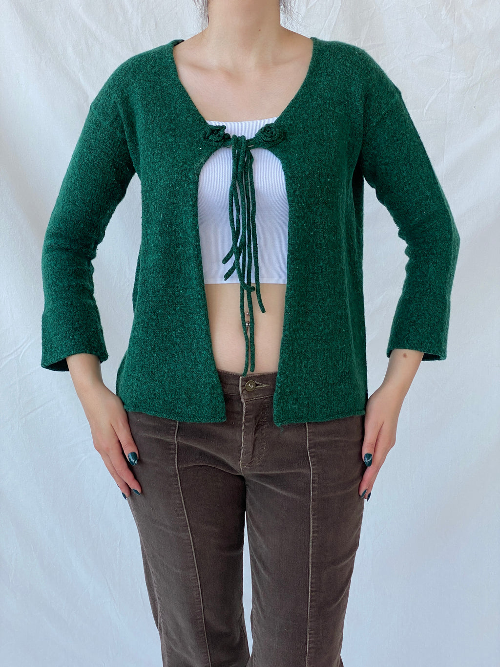 Vintage Green Knitted Women’s Wool Blend Front Tie Cardigan - L