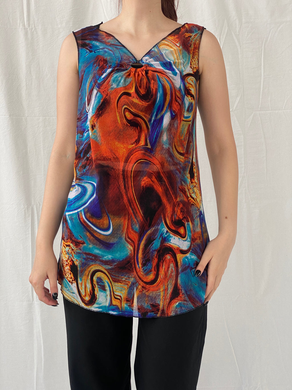 Vintage Y2K Sleeveless Marble Print Mesh Women’s Top - M