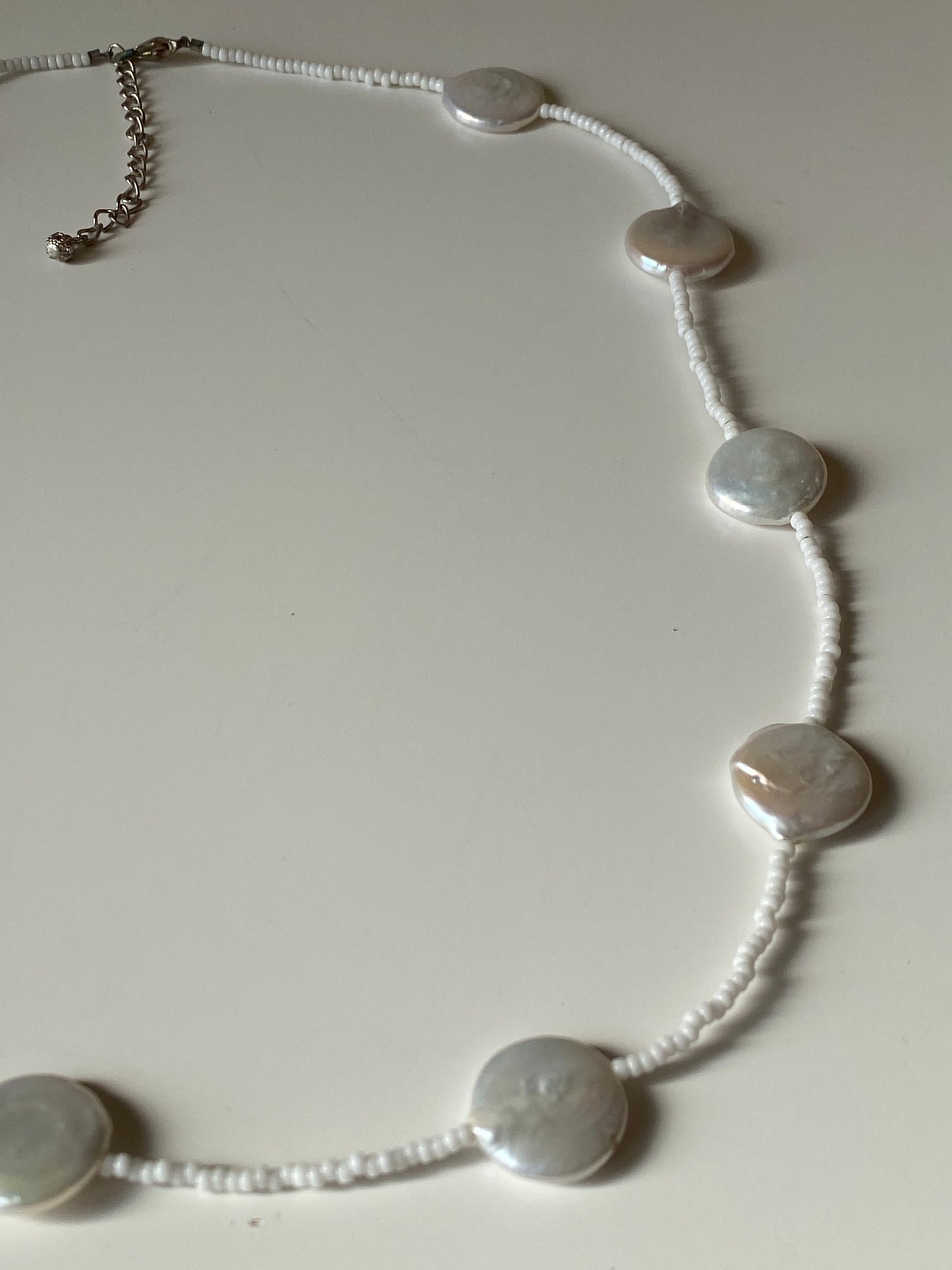 Vintage White Mother of Pearl Coin Beaded Necklace with Seed Beads