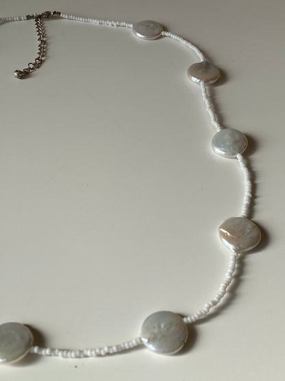 Vintage White Mother of Pearl Coin Beaded Necklace with Seed Beads