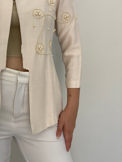 Vintage 90s Leslie Fay Petite Ivory Pearl Beaded Embroidered Blazer – M