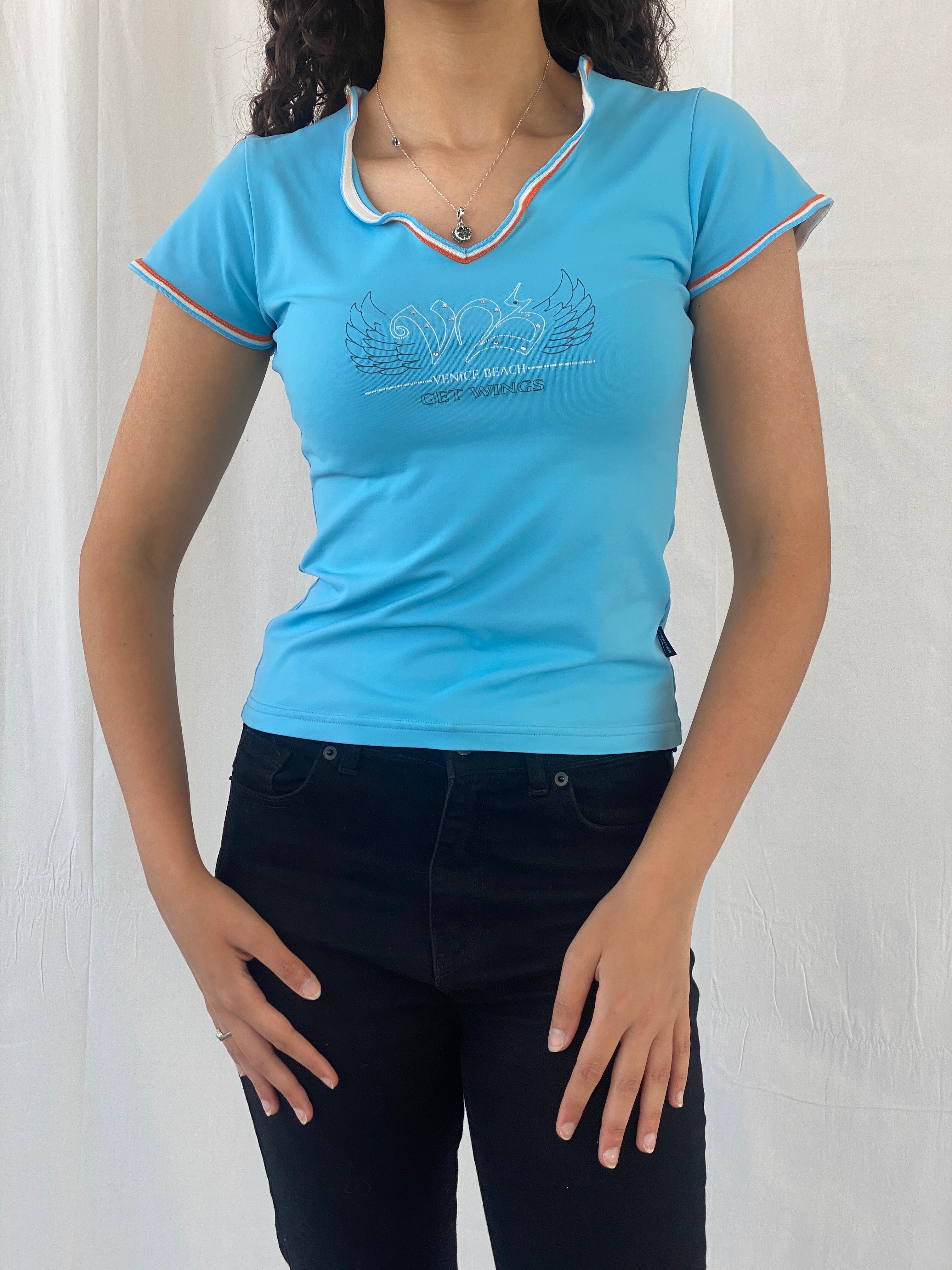 Y2K Venice Beach Activewear Blue Short Sleeve Women’s Top - M
