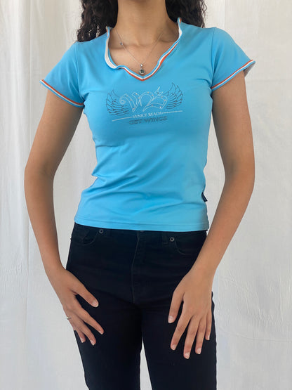 Y2K Venice Beach Activewear Blue Short Sleeve Women’s Top - M