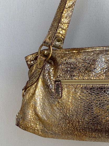 Vintage Y2K Metallic Gold Faux Snakeskin Shoulder Bag