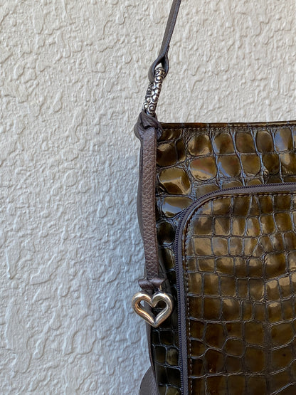 Vintage Brighton Olive Brown Croc Embossed Patent Shoulder Bag