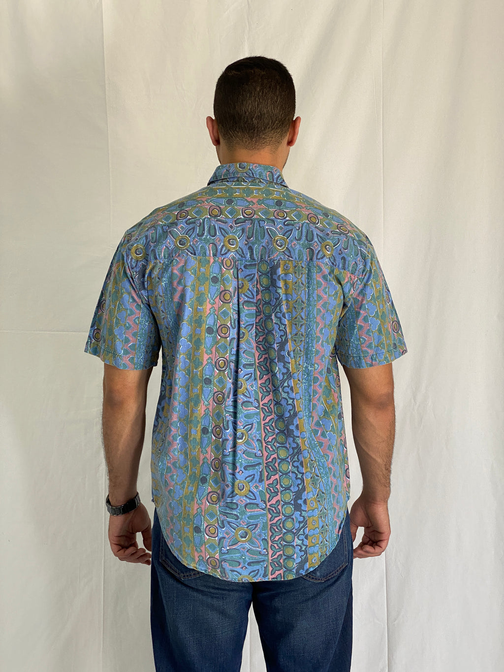 Vintage BADGE Short Sleeve Cotton Shirt Blue Geometric Print - M