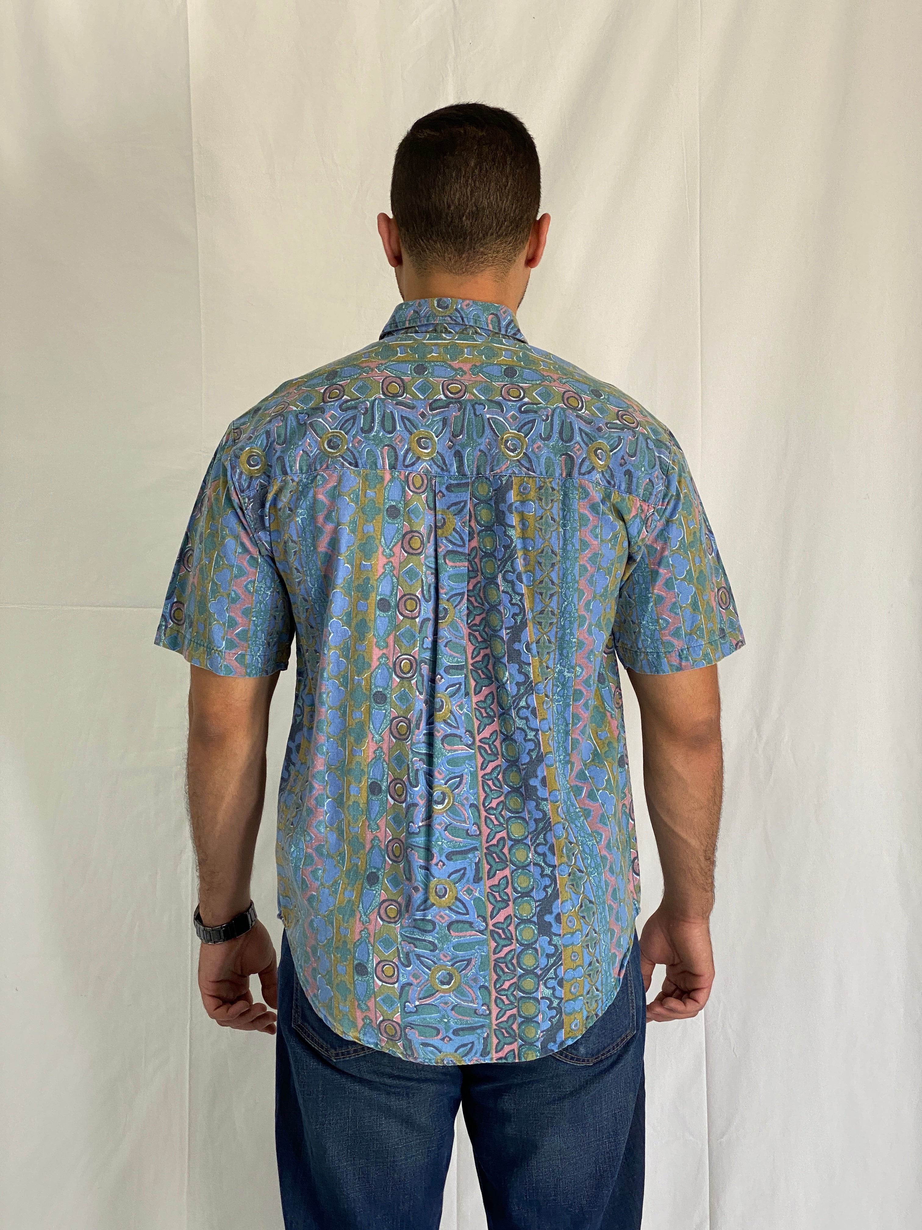 Vintage BADGE Short Sleeve Cotton Shirt Blue Geometric Print - M