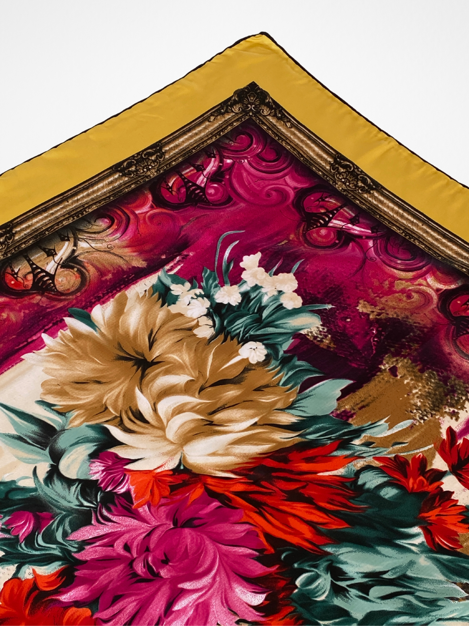 ARMEN Golden Floral Baroque Style Satin Silk Square Scarf