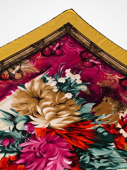 ARMEN Golden Floral Baroque Style Satin Silk Square Scarf