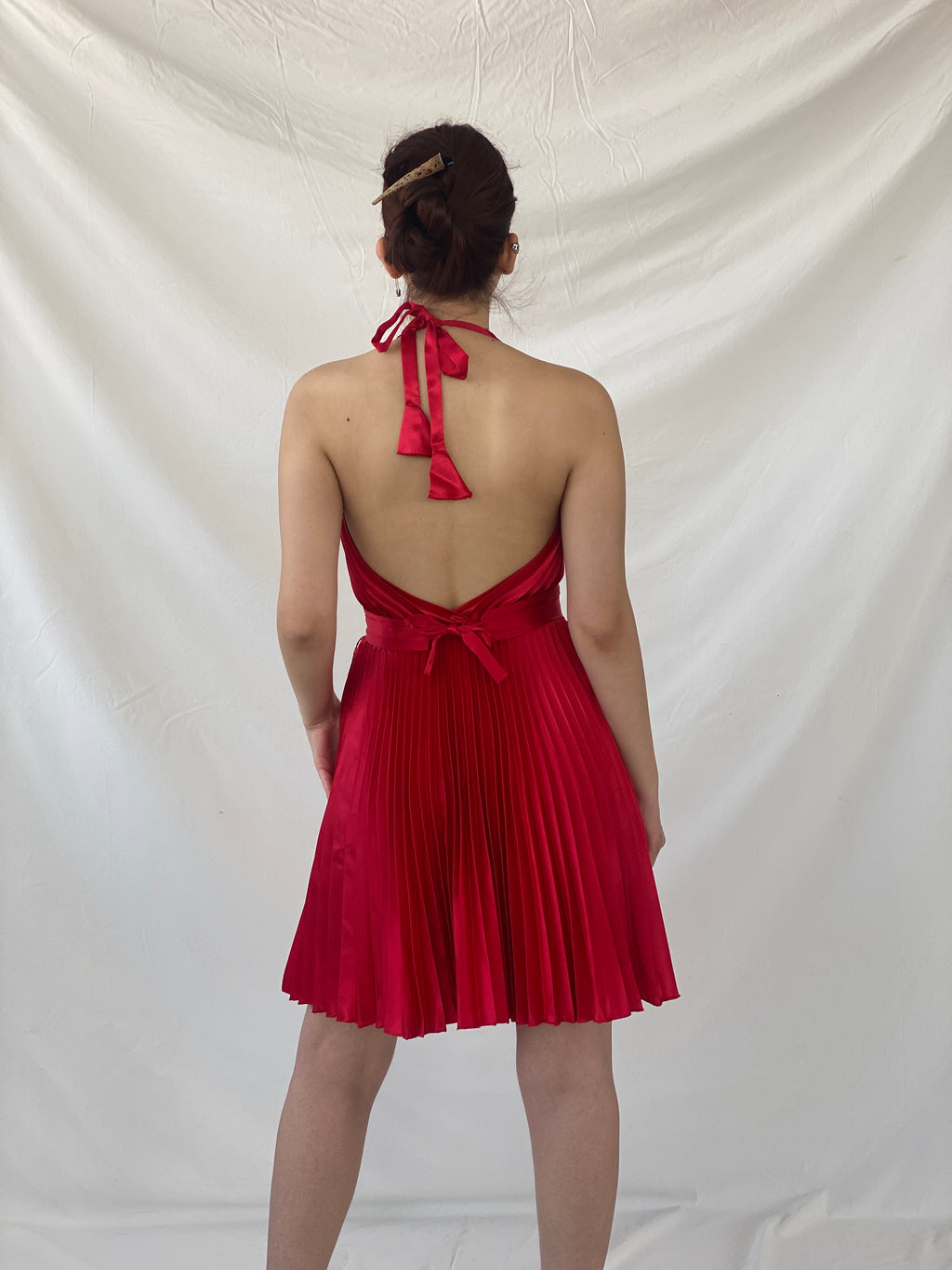 فستان جوزيف ريبكوف أحمر مطوي بياقة دائرية - مقاس صغير Y2K