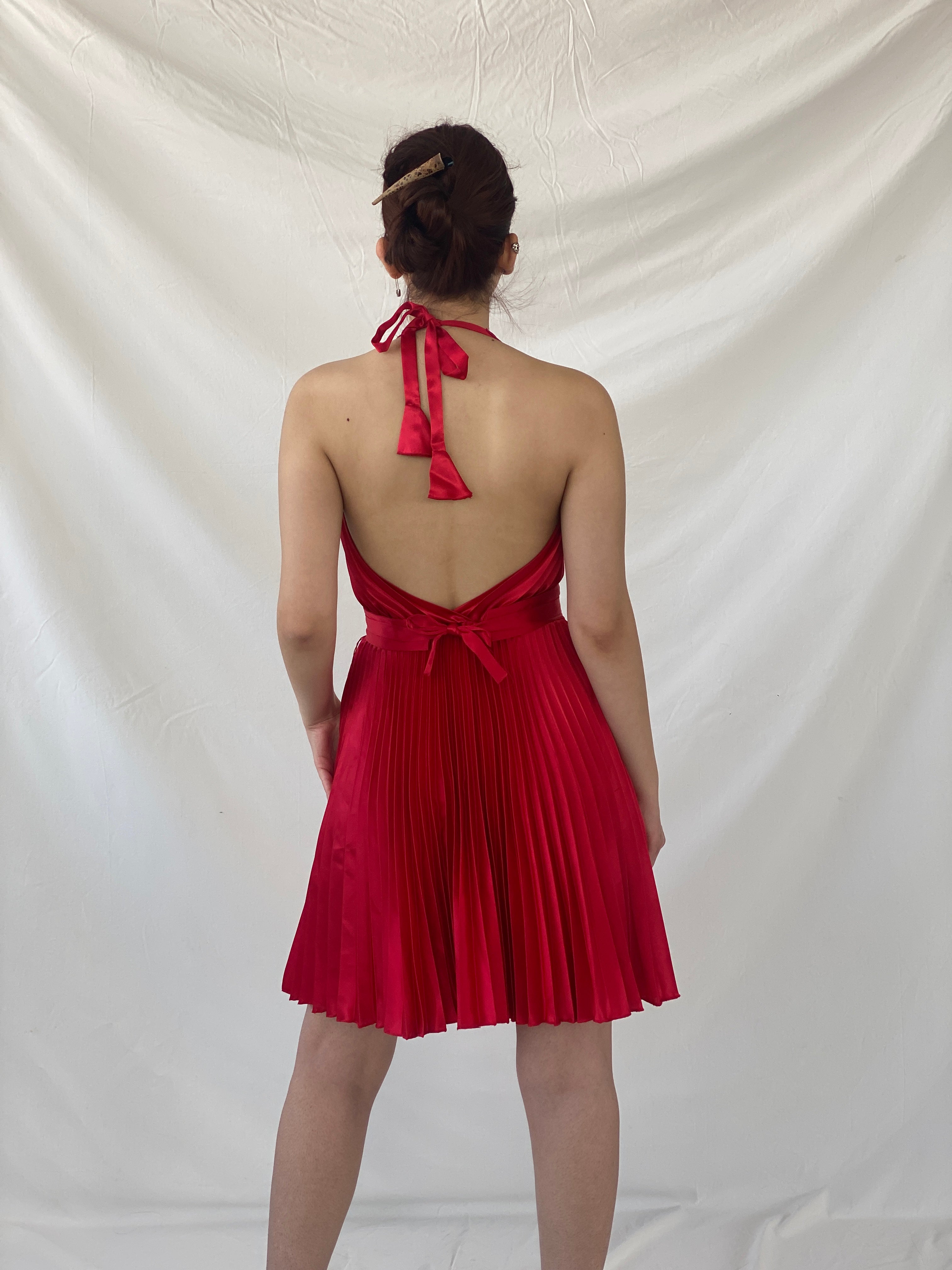 فستان جوزيف ريبكوف أحمر مطوي بياقة دائرية - مقاس صغير Y2K