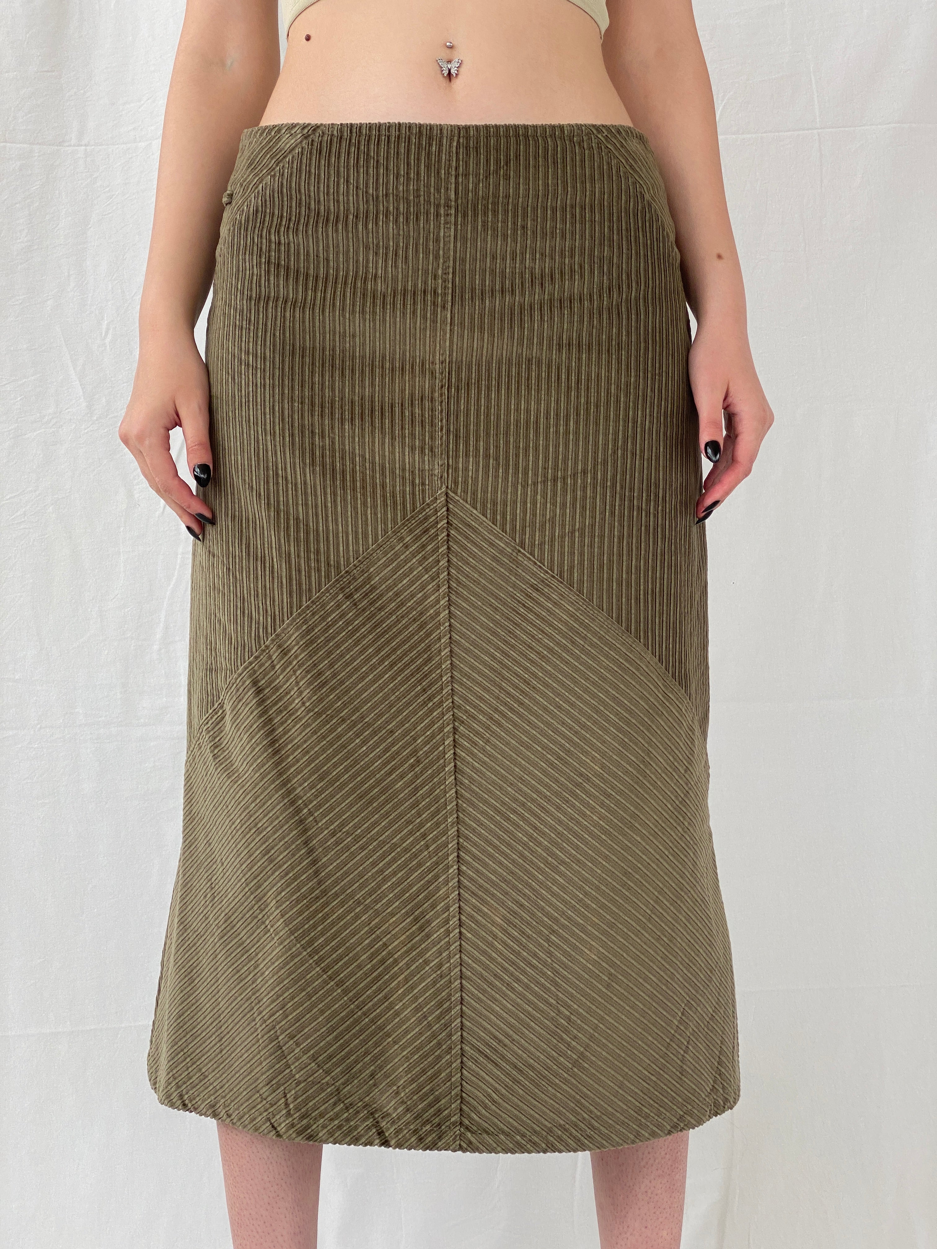 90s Phildar Olive Green Utility Corduroy Midi Skirt - L
