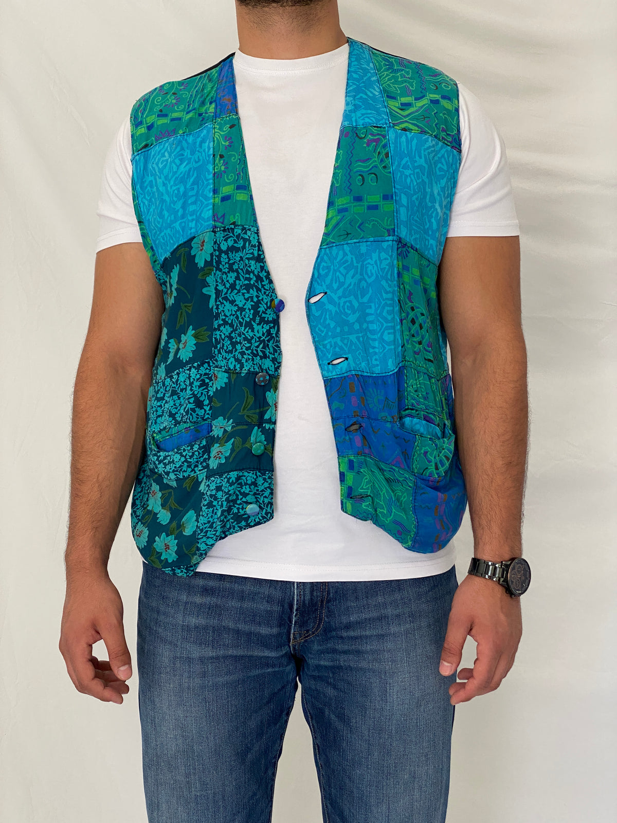 Vintage 90s Nativewear Designs Blue Green Patchwork Boho Festival Vest – XL Vintage 90s Nativewear Designs Blue Green Patchwork Boho Festival Vest – XL