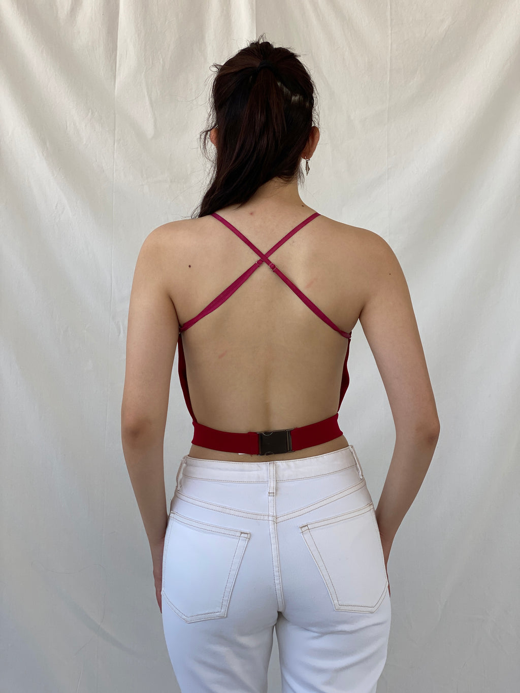 Vintage Red Italian Halter Backless Crop Top with Padded Bust - S