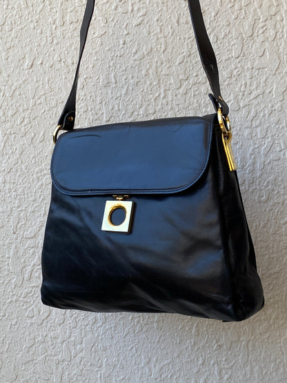 Vintage 90s Black Genuine Leather Gold Hardware Structured Shoulder Bag