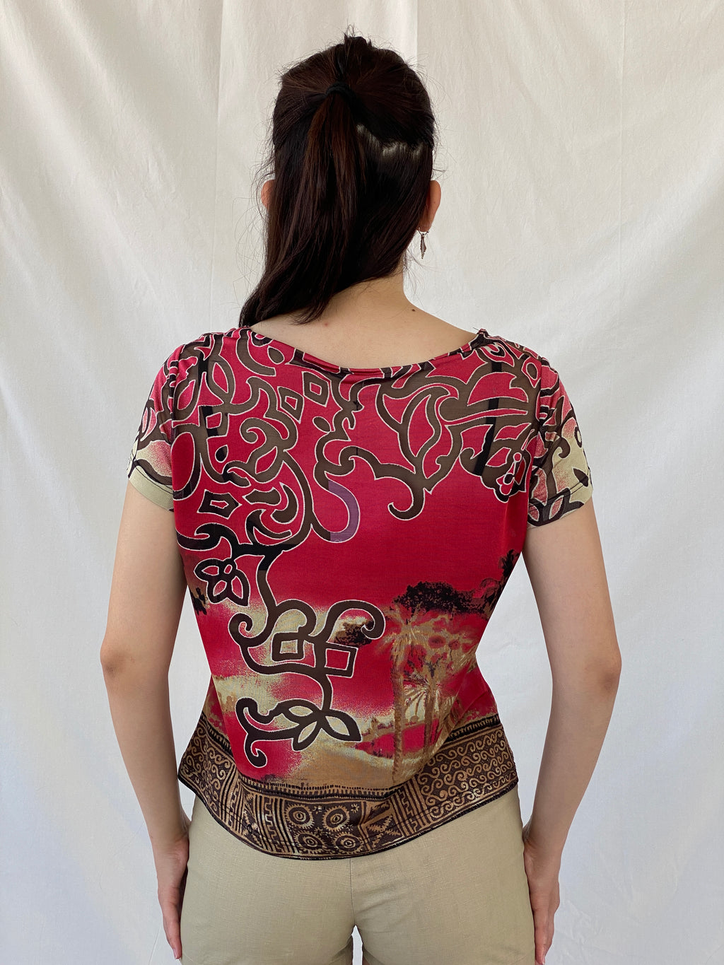 Vintage 90s Alma Ducal Graphic Red Semi Sheer Desert Print Mesh Top - XL