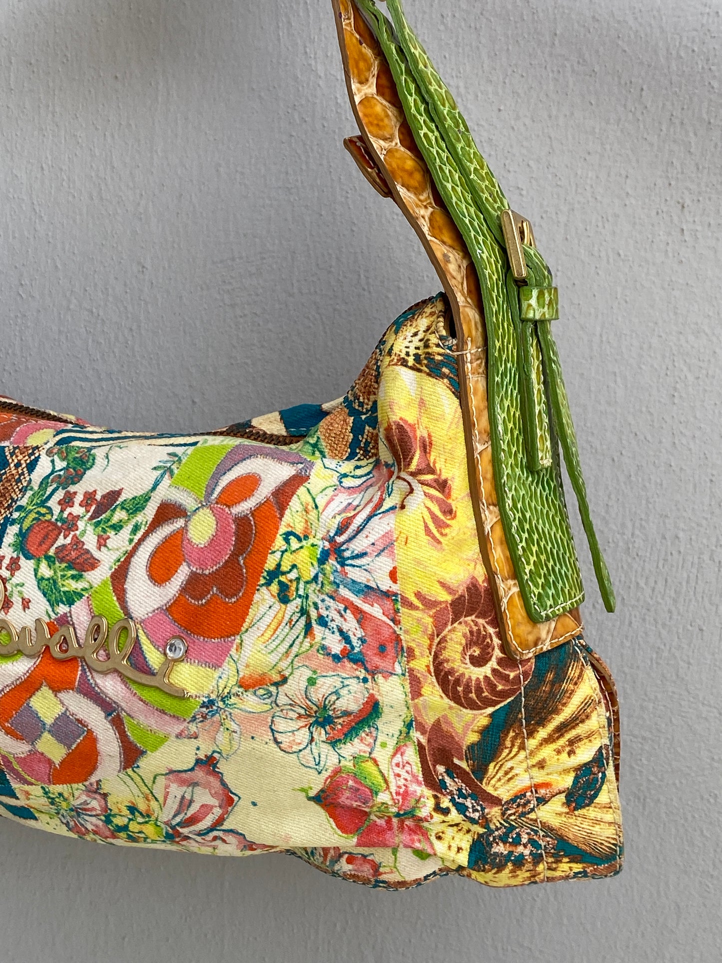 Statement Y2K Just Cavalli Graphic Print Canvas & Leather Shoulder Bag