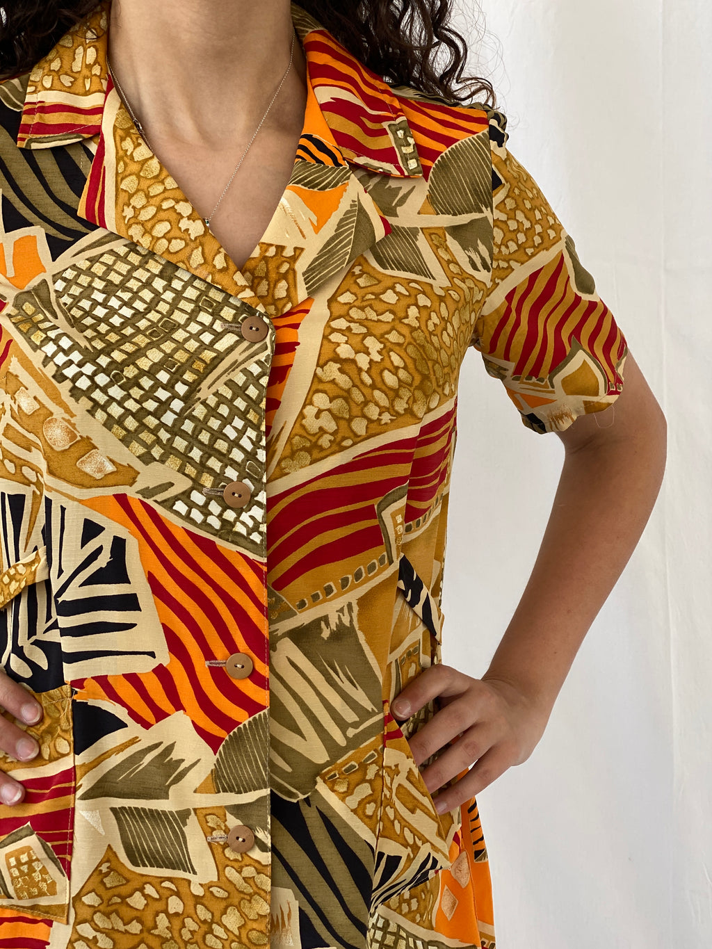 Vintage Handmade Abstract Hawaiian Button Up Knee Length Orange Yellow Dress - M