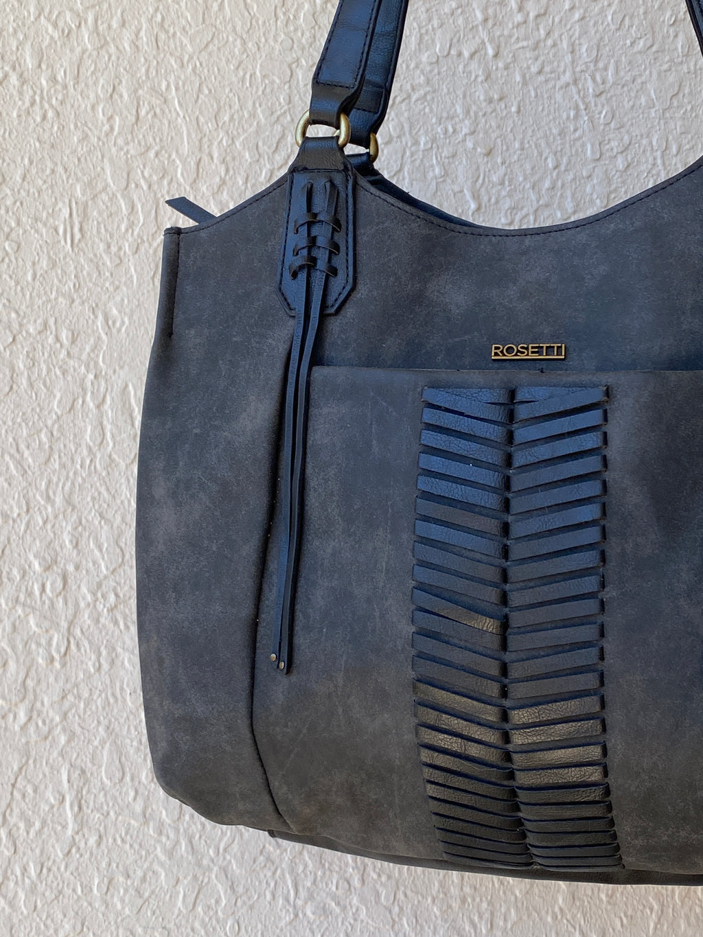 Rosetti Stella Dark Gray Distressed Leather Purse Large Tassel Hobo Shoulder Bag