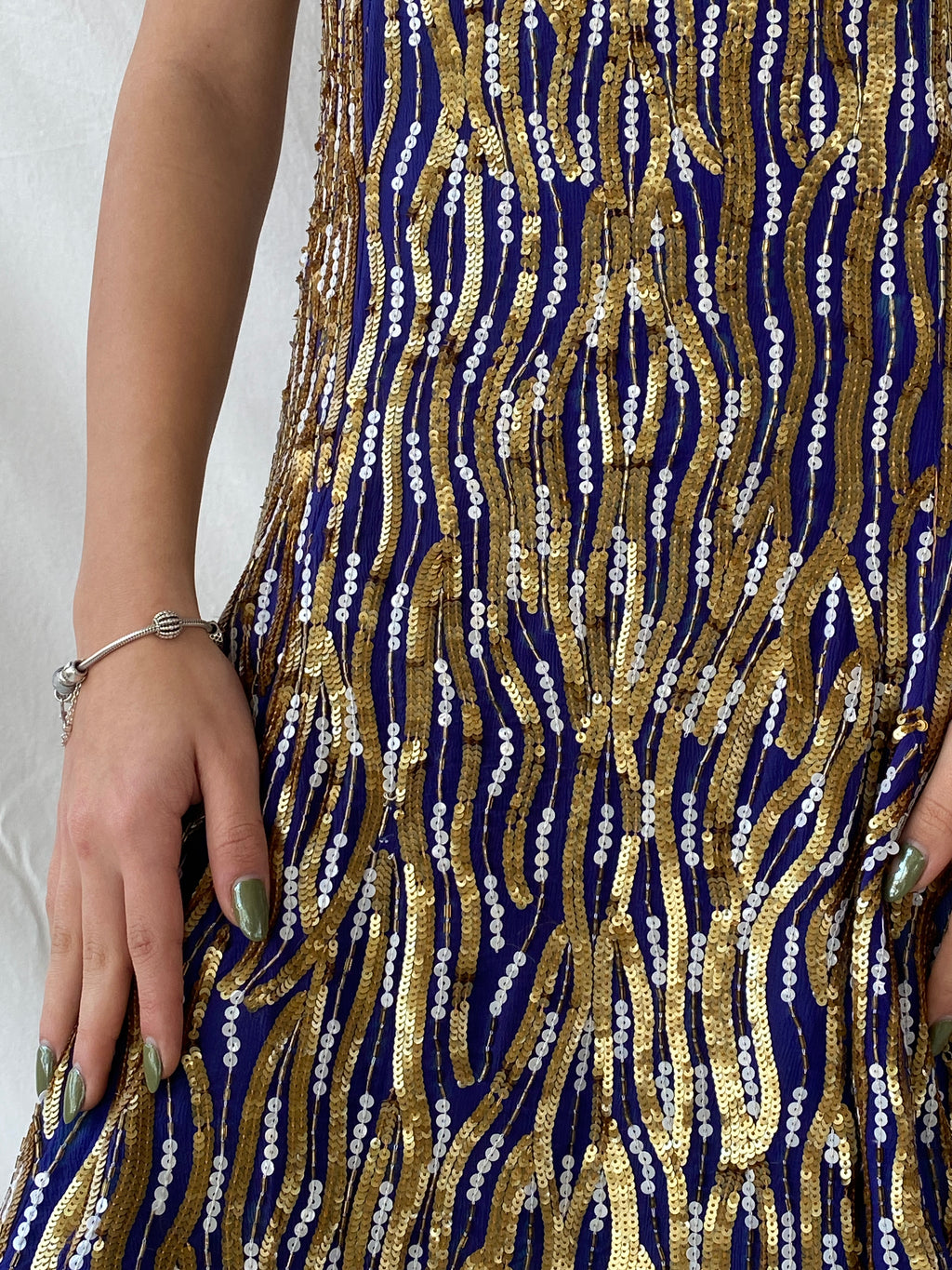 Vintage Razzle Dazzle Pure Silk Blue Gold Sequin Boxy Midi Dress - M