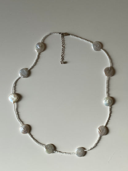 Vintage White Mother of Pearl Coin Beaded Necklace with Seed Beads