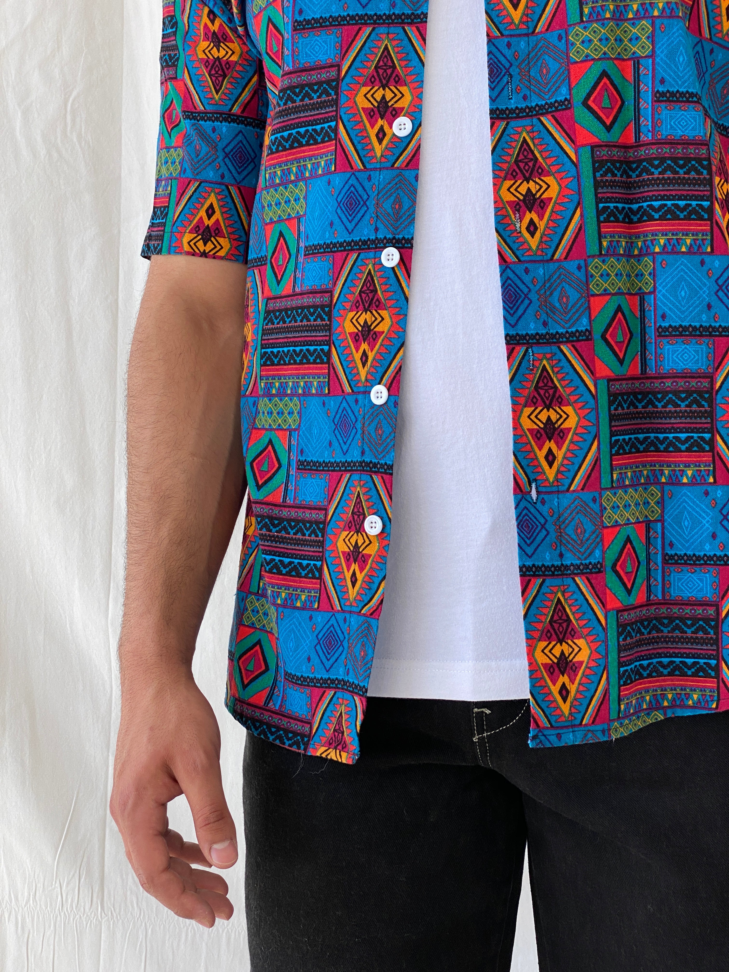Vintage Aztec Tribal Blue Multi-Color Men’s Short Sleeve Shirt - L