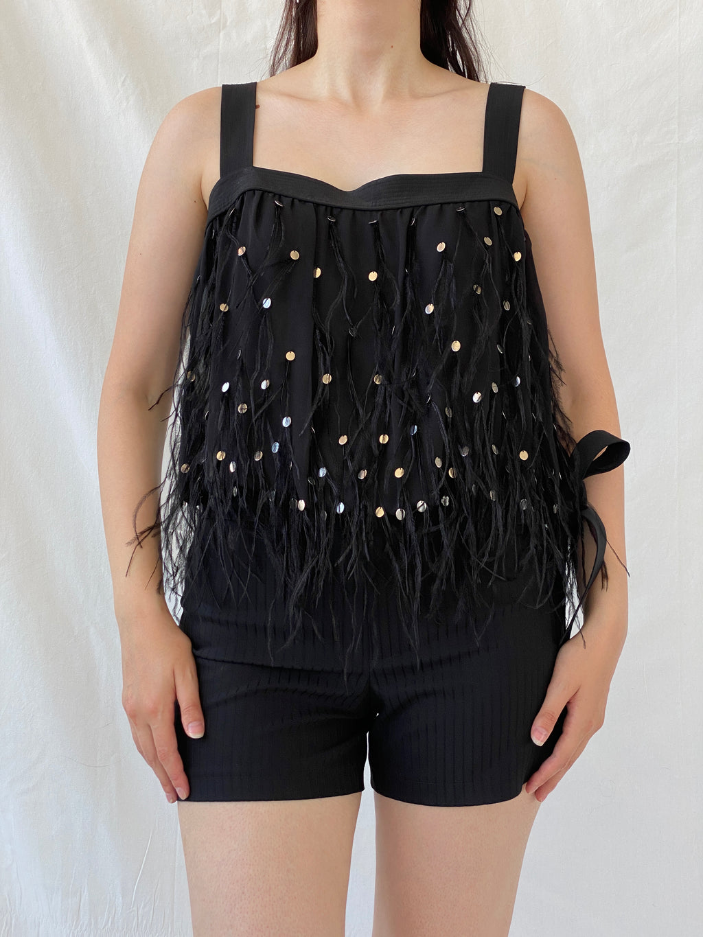 NWT Vintage FÉRAUD Paris Black Silk Feather Sequin Top - M