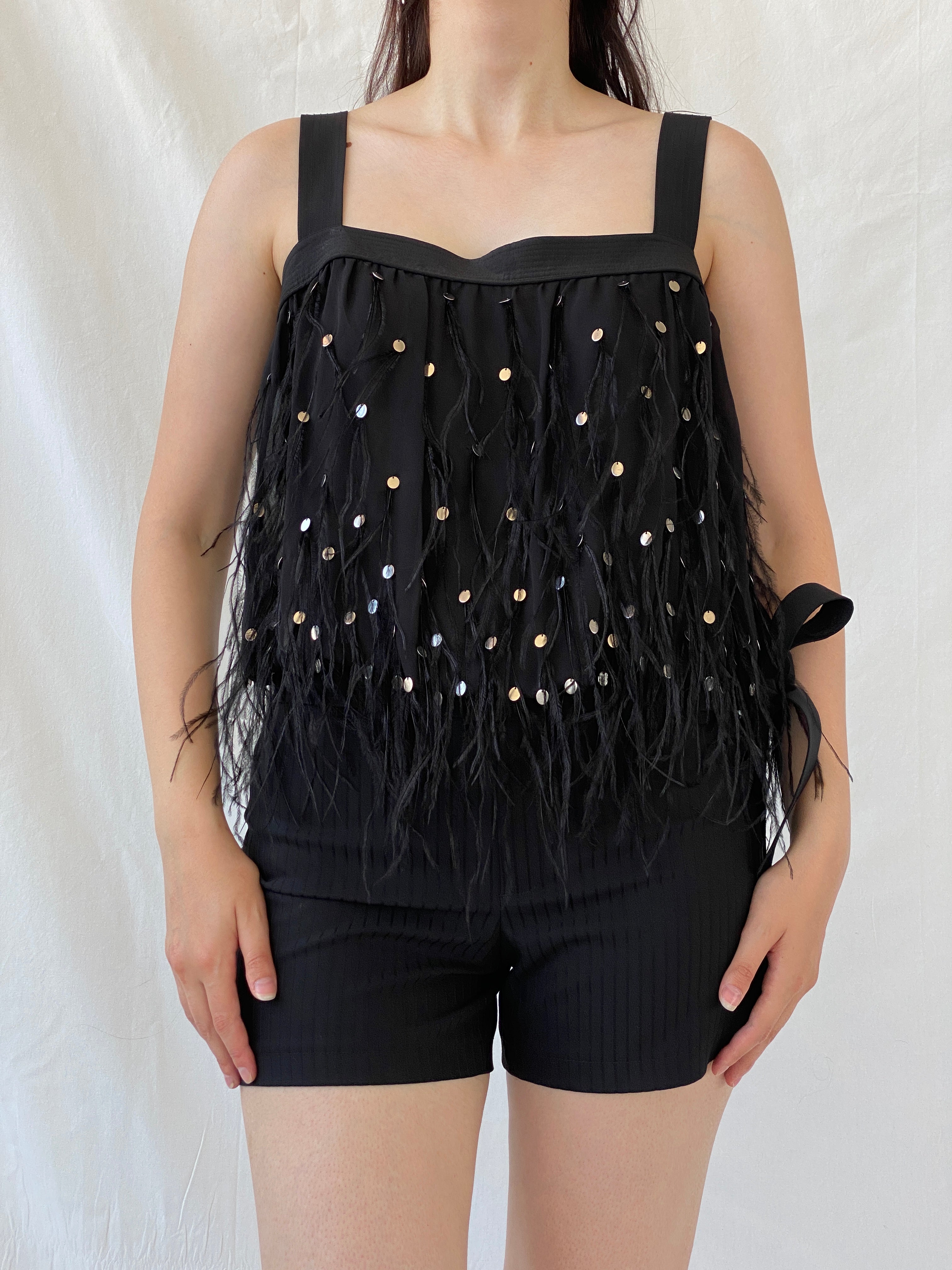 NWT Vintage FÉRAUD Paris Black Silk Feather Sequin Top - M
