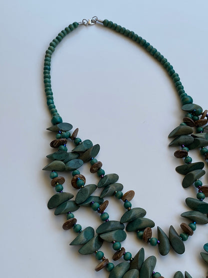 Vintage Boho Green Multi-Strand Wood Beaded Necklace
