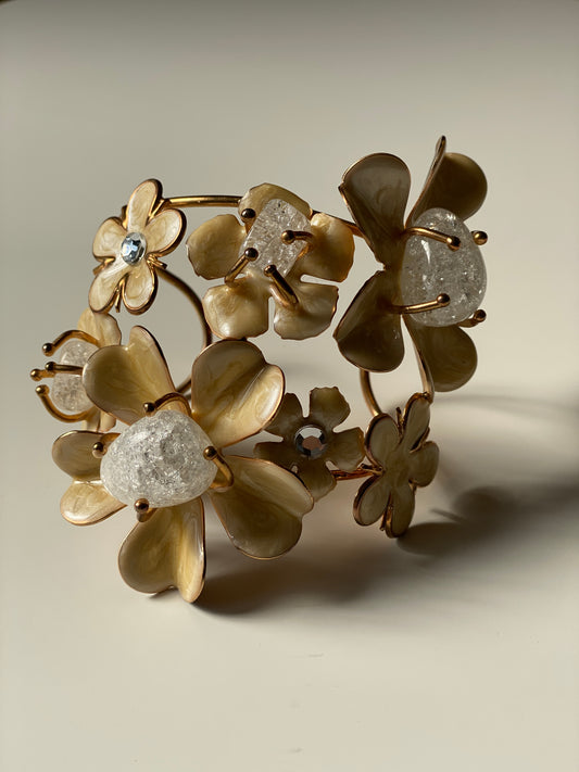 Vintage Floral Statement Bracelet with Enamel Petals & Crackle Glass Stones