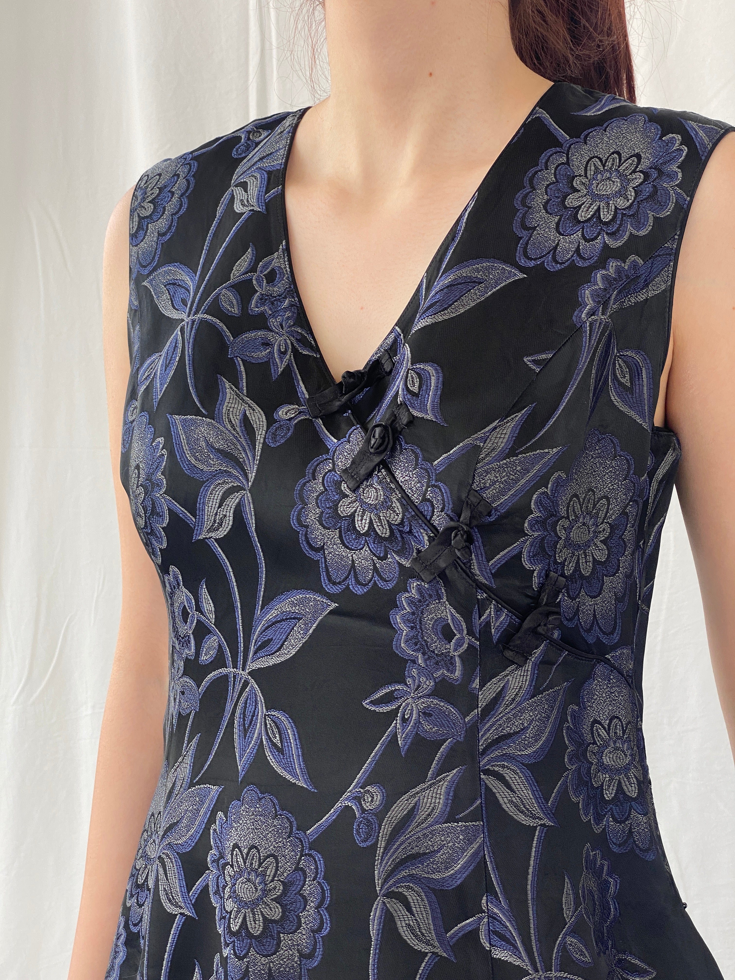 Vintage TINTORETTO Black Blue Floral Sleeveless Wrap Blouse Chinese Brocade Top - L