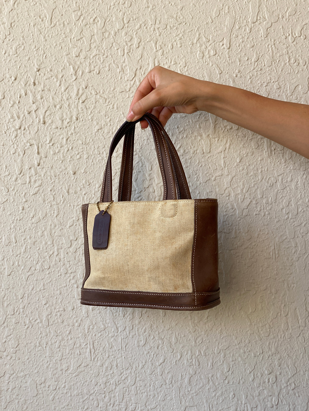 Rare Vintage Coach B9C-6120 Tan Canvas & Brown Leather Small Tote Handbag 90s Mini Satchel Purse