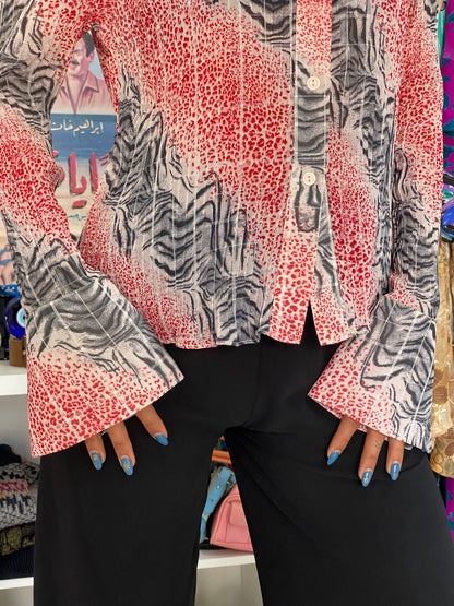 Vintage Y2K Pano Red & Grey Animal Print Pleated Button-Up Shirt  - M