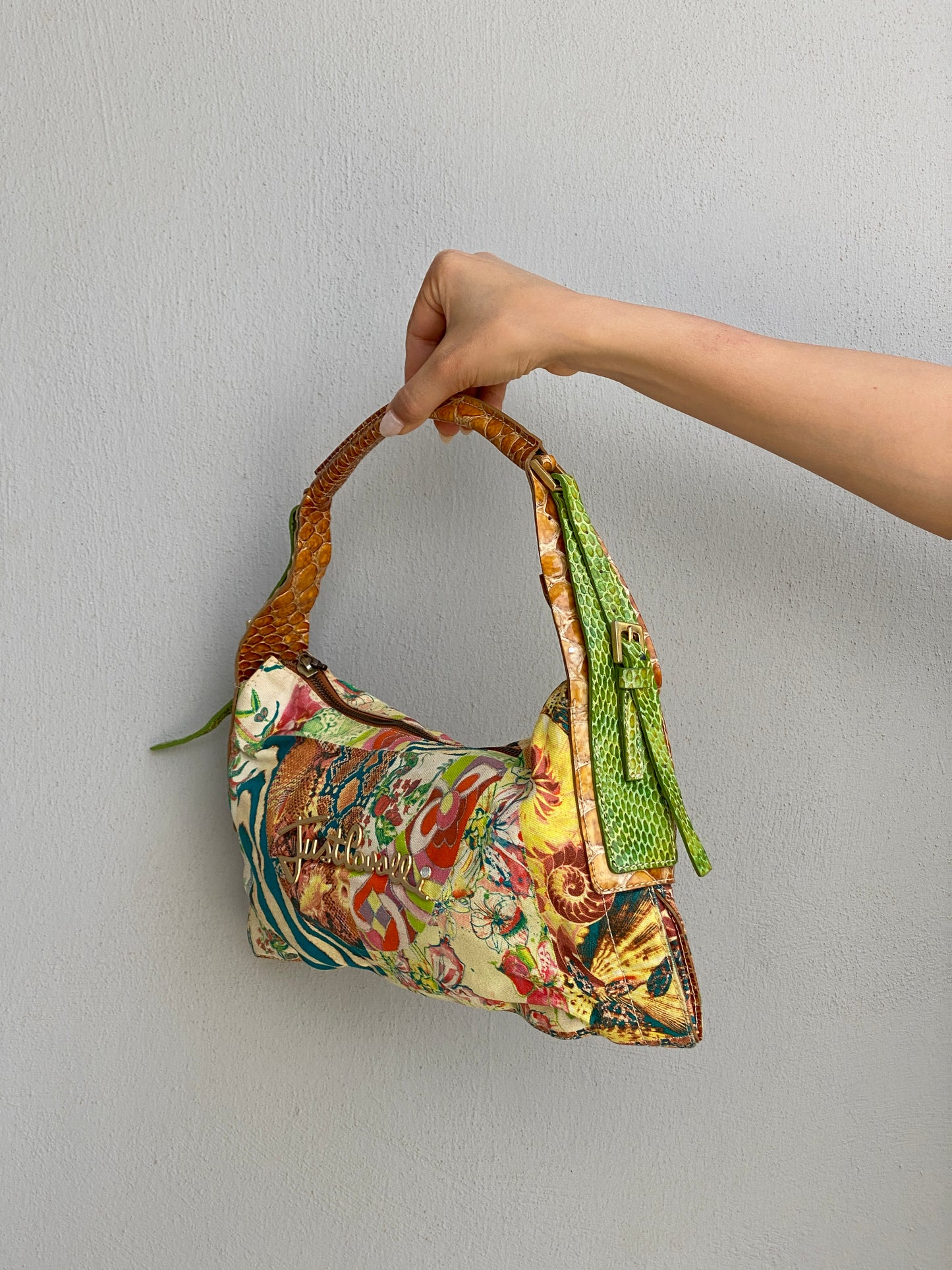 Statement Y2K Just Cavalli Graphic Print Canvas & Leather Shoulder Bag