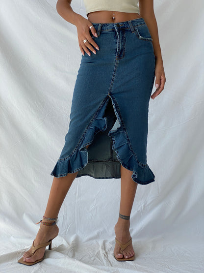 Vintage Y2K Jennyfer Ruffled Hem Midi Denim Skirt - XS