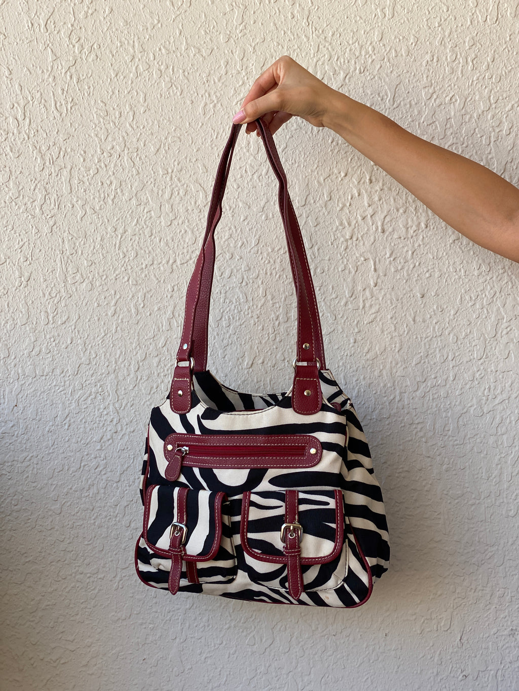 Vintage Y2K Zebra Print Black White Shoulder Bag Canvas with Faux Leather Red Detailing Purse