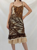 Insane Vintage 90s Per Una Brown Graphic Midi Dress with Ruffle and Lace Detailing - M
