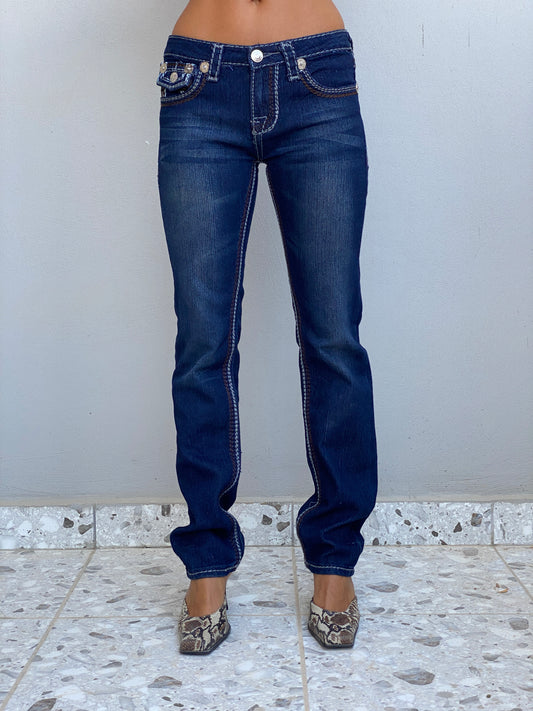 Vintage Y2K True Religion Dark Wash Denim Low Rise Embroidered Bootcut Jeans - S