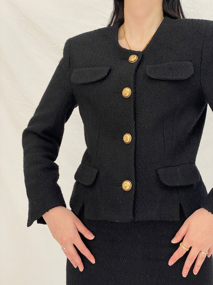 Vintage Directory Black Bouclé Blazer & Skirt Set - 90s Tailored Two Piece Suit, Gold Button Jacket, Minimalist Power Set - M
