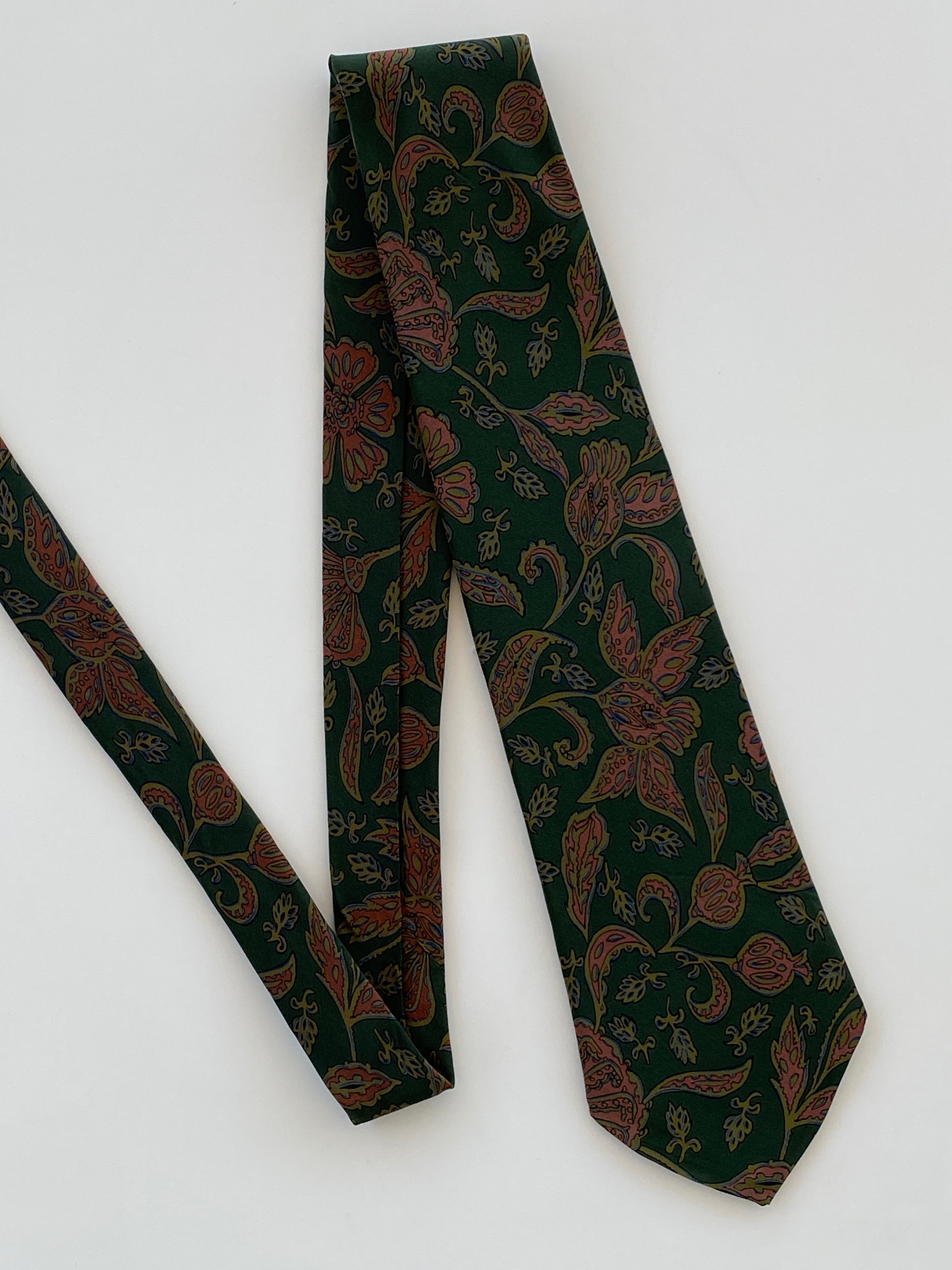 Vintage 80s Pierre Balmain Paris Men’s Green Paisley Silk Neck Tie